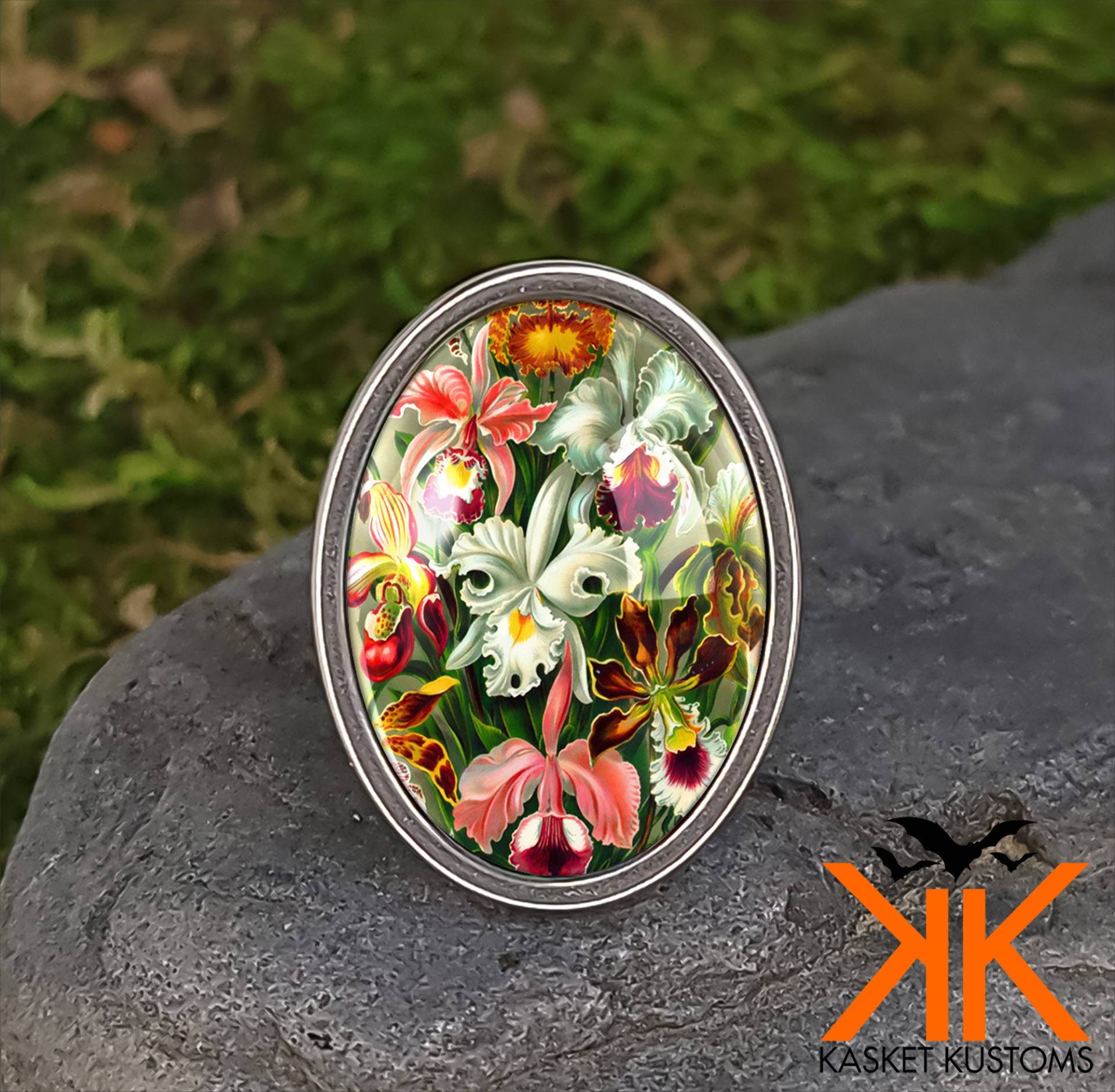 Vintage Orchidee Ring - Blumenstrauß Gemälde Handarbeit Silber Schmuck 182-Ossr von KasketKustomsOnline