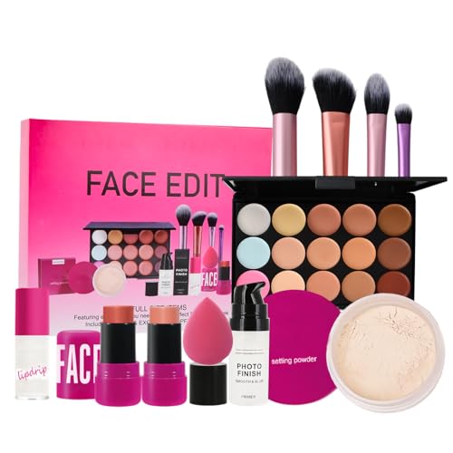 Alles in Einem Make up Set, 15 Farben Concealer Palette mit Face Stick Powder Primer Lip Oil Puff Oval Pinsel, 11Pcs Gesicht Komplettes Schminke Kosmetik Set Kit für Teenager Mädchen Frauen von Kaslaider
