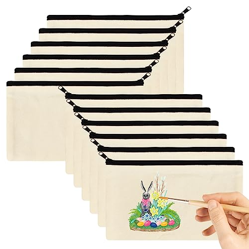 12 STK DIY Leere Segeltuchbeutel mit Reißverschluss zum Bemalen, 21x12cm Stoff Federmäppchen Segeltuch Kosmetiktasche, Mäppchen Taschen Reise Kulturbeutel, Geschenk für Arbeit Schule Reisen von Kaslaider