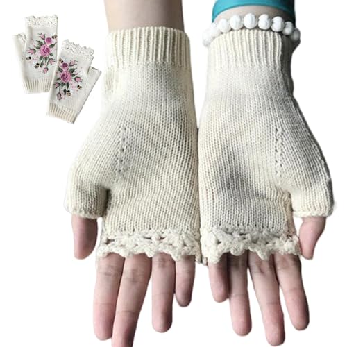 Kasmole Damen bestickte Handschuhe | Winterblumen-Strickhandschuhe für Damen | Hautfreundliche Handschuhe für Erwachsene zum -Schreiben, Tippen und Schreiben von Kasmole