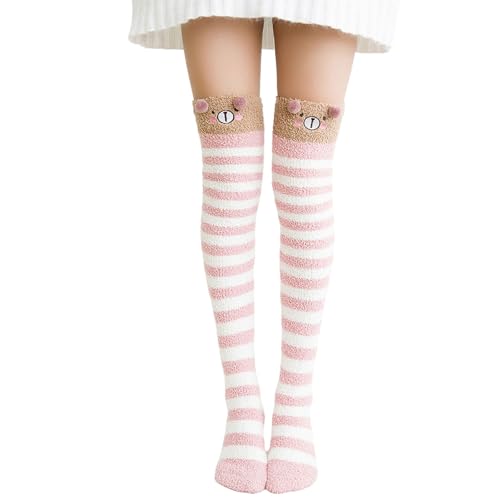 Kasmole Kniehohe flauschige Socken, flauschige oberschenkelhohe Socken - Cartoon-Tier-Korallenfleece-Stulpen über dem Knie gestreift - Stiefelsocken für Damen für Party, Alltag von Kasmole