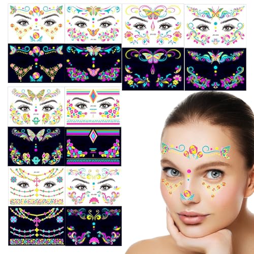 Kasmole Neon-Make-up-Aufkleber, im Dunkeln leuchtende Aufkleber, Maskerade Aufkleber UV Neon Gesichtsaufkleber, Partyzubehör, 8 Stück leuchtende wasserfeste Aufkleber für Halloween, Festival-Bar von Kasmole