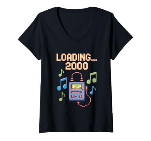 Damen Y2K Musik Retro Style Pixel Art 2000er Spruch T-Shirt mit V-Ausschnitt Damen Y2K Musik Retro Style Pixel Art 2000er Spruch T-Shirt mit V-Ausschnitt von Kassetten-Player Nostalgie Gamer Ästhetik Vintage