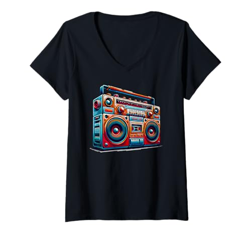 Damen Boombox 80er Jahre Kassettenrekorder Musik Retro T-Shirt mit V-Ausschnitt Damen Boombox 80er Jahre Kassettenrekorder Musik Retro T-Shirt mit V-Ausschnitt von Kassettenrekorder Boombox 80er Jahre Geschenke