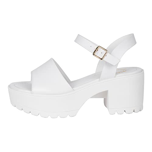Kassie Daniela Checa ~ Damen-Sandalen mit offenem Zehenbereich, 1 Band mit Blockabsatz, mit verstellbarem Knöchelriemen, Plattform, Weißes Pu, 40.5 EU Kassie Daniela Checa ~ Damen-Sandalen mit offenem Zehenbereich, 1 Band mit Blockabsatz, mit verstellbarem Knöchelriemen, Plattform, Weißes Pu, 40.5 EU von Kassie Daniela
