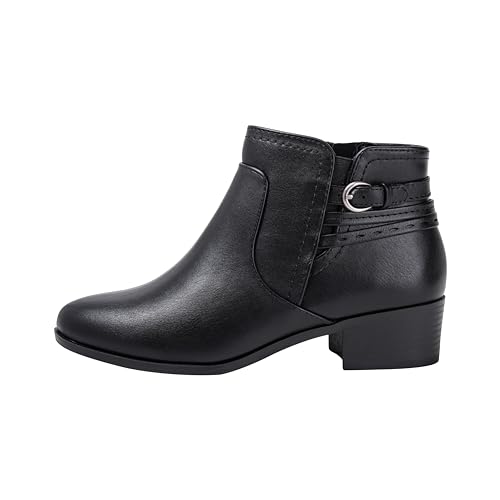 Kassie Daniela ~ DIXIE ~ Stiefeletten, seitlicher Reißverschluss, Schnalle, klobiger Block, niedrige Absätze, runde Zehenpartie, Schwarz (Black Pu), 37.5 EU von Kassie Daniela