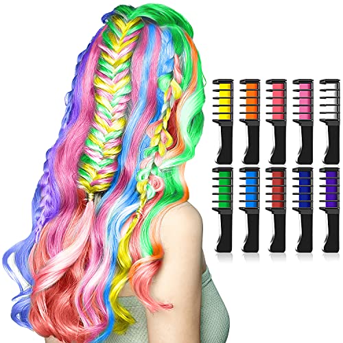 Haarkreide für Mädchen, Kastiny 10 Stück Haarfarbe Kamm, Temporär Haarfarbe Kreide Kamm für Kinder Haarfärbemittel, Party und Cosplay, mit 4 Glitzertuben & 32 Schablonen von Kastiny