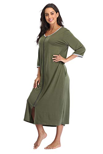 Kasual Damen-Bademantel mit Reißverschluss vorne, 3/4-Ärmel, Hausmantel, lange Nachthemden, lockere Loungewear mit Taschen, Grün (Army Green), XX-Large von Kasual