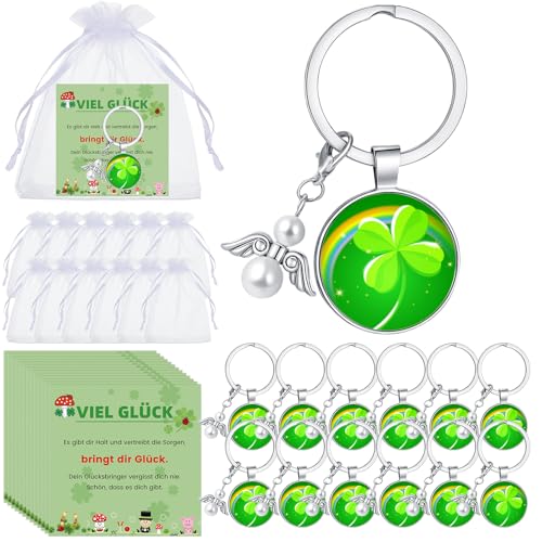 Kasyat 12 Set Glücksgeschenken Umfasst 12 Glücksbringer Schlüsselanhänger 12 Engel Schlüsselanhänger 12 Grußkarte und 12 Weiße Organza Säckchen mit Kordelzug(Regenbogenklee Schlüsselanhänger) von Kasyat