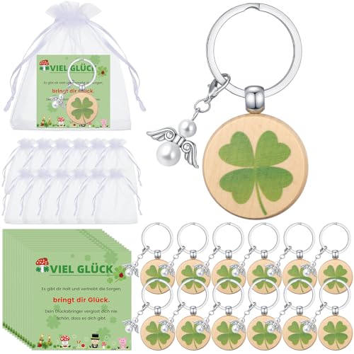 Kasyat 12 Set Glücksgeschenken Umfasst 12 Glücksbringer Schlüsselanhänger 12 Engel Schlüsselanhänger 12 Grußkarte und 12 Weiße Organza Säckchen mit Kordelzug(Vierblättriges Kleeblatt) von Kasyat