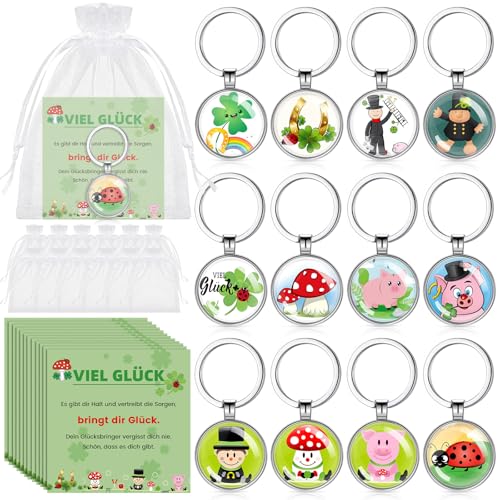 Kasyat 12 Sets Glücksbringer inklusive 12 Glück Schlüsselanhänger mit Kleeblatt Hufeisen Glücksschwein 12 Viel Glück Karten 12 Organzasäckchen Glücksgeschenk für Abschied Danke Weihnachten Silvester von Kasyat