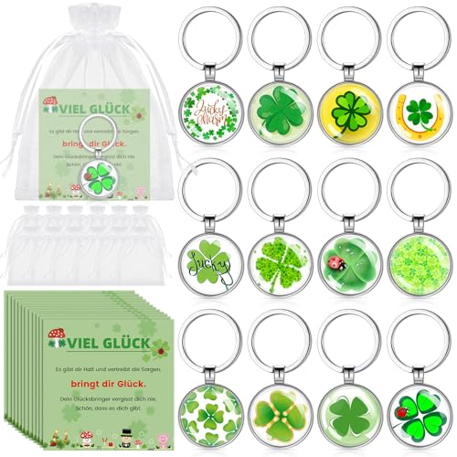 Kasyat 12 Sets Glücksbringer inklusive 12 Glück Schlüsselanhänger mit Kleeblatt Hufeisen 12 Viel Glück Karten 12 Organzasäckchen Glücksgeschenk für Abschied Danke Weihnachten Silvester von Kasyat