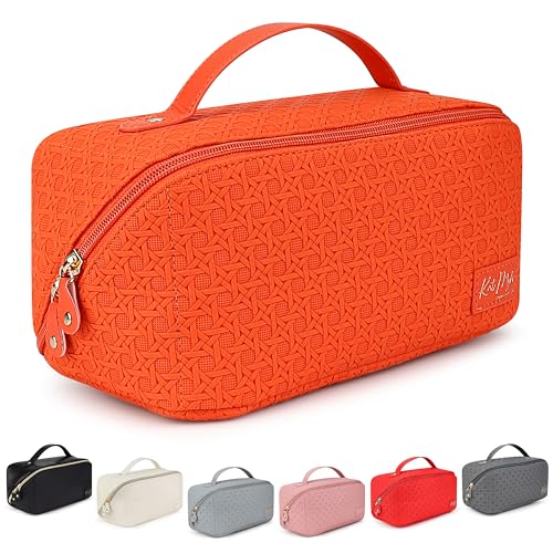 KAT MYHR Kosmetiktasche mit großem Fassungsvermögen – Make-up-Tasche, tragbar, wasserdicht, für Damen, Reise-Make-up-Tasche, Organizer, mit Griff und Trennwand, Orange/Abendrot im Zickzackmuster von Kat Myhr