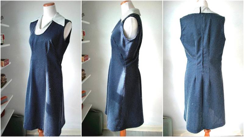 60Er Jahre Navy Gepunktetes Kleid Mit Spitzem Kragen - Größe 12 Strick Polyester von KatadrianVintage