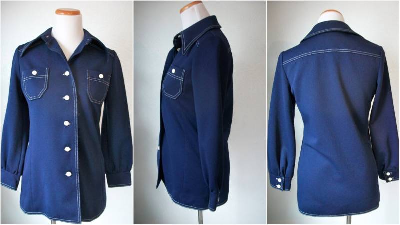 70Er Jahre Marine Knopf Bis Shirt Mit Spitzem Kragen Und Kontrast Nähte - Country Miss von KatadrianVintage