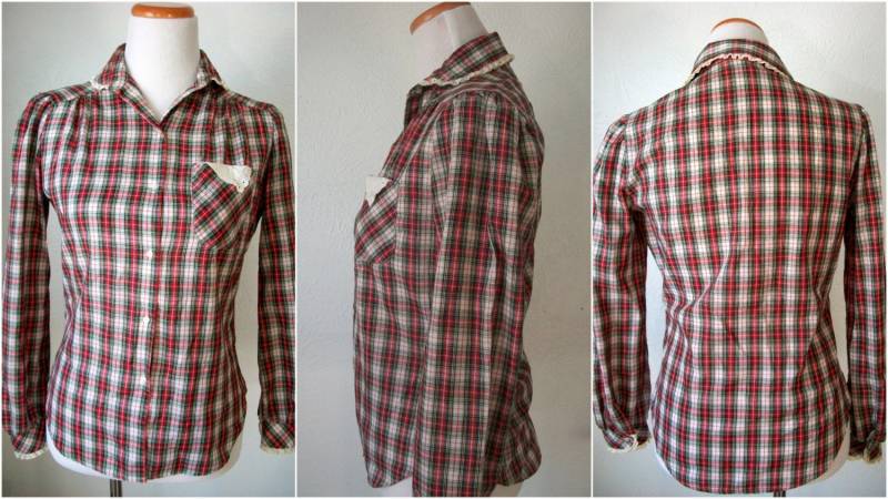 Rot Karierte Knopf Bis Shirt Mit Peter Pfanne Kragen Und Spitze - Hergestellt Von Langtry von KatadrianVintage