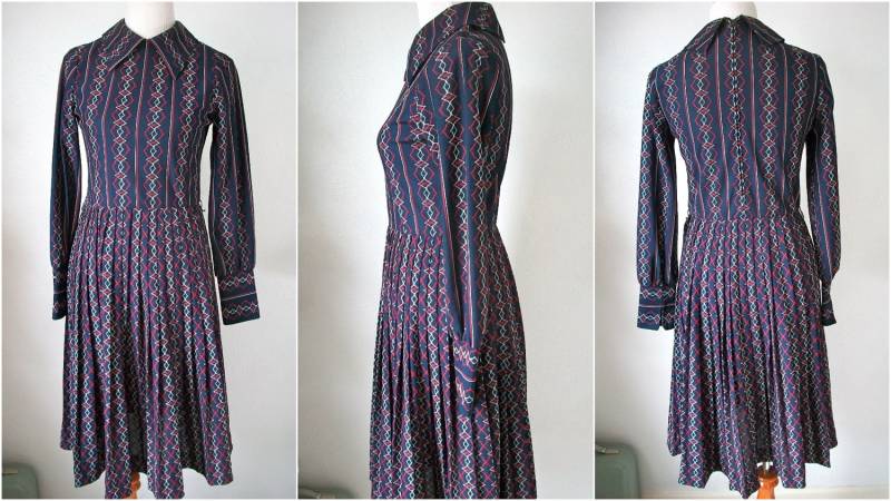 Vintage 70Er Jahre Marine Frequency Welle Gemustert Kleid - Größe Mittelgroß von KatadrianVintage