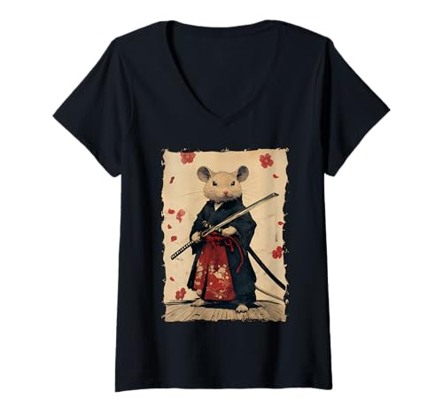 Damen Samurai Maus-Design - Ukiyo-e Krieger T-Shirt mit V-Ausschnitt Damen Samurai Maus-Design - Ukiyo-e Krieger T-Shirt mit V-Ausschnitt von Katana Kimono Ratte – Japan Design