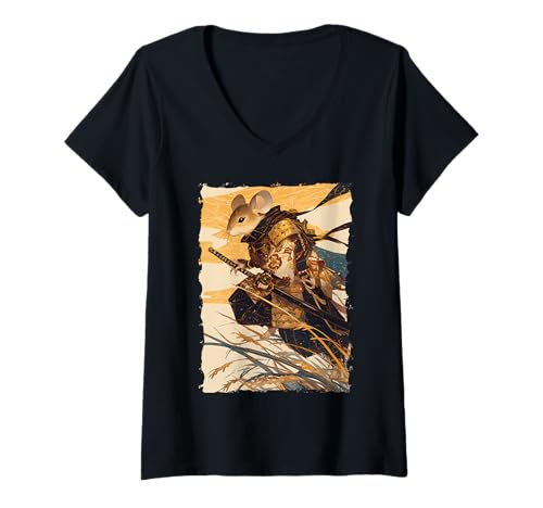 Damen Samurai Maus-Design - Ukiyo-e Krieger T-Shirt mit V-Ausschnitt Damen Samurai Maus-Design - Ukiyo-e Krieger T-Shirt mit V-Ausschnitt von Katana Kimono Ratte – Japan Design