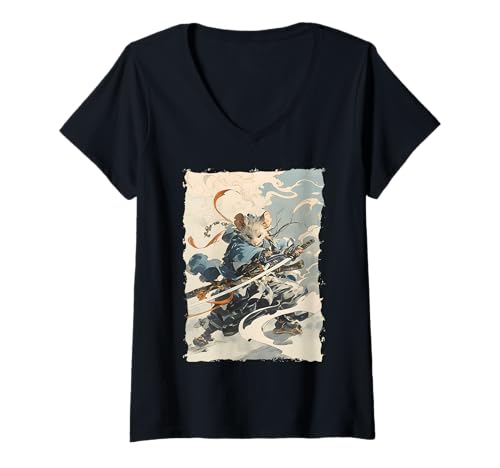 Damen Samurai Maus-Design - Ukiyo-e Krieger T-Shirt mit V-Ausschnitt Damen Samurai Maus-Design - Ukiyo-e Krieger T-Shirt mit V-Ausschnitt von Katana Kimono Ratte – Japan Design