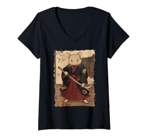 Damen Samurai Maus-Design - Ukiyo-e Krieger T-Shirt mit V-Ausschnitt Damen Samurai Maus-Design - Ukiyo-e Krieger T-Shirt mit V-Ausschnitt von Katana Kimono Ratte – Japan Design