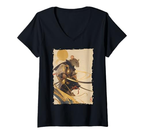 Damen Samurai Maus-Design - Ukiyo-e Krieger T-Shirt mit V-Ausschnitt Damen Samurai Maus-Design - Ukiyo-e Krieger T-Shirt mit V-Ausschnitt von Katana Kimono Ratte – Japan Design