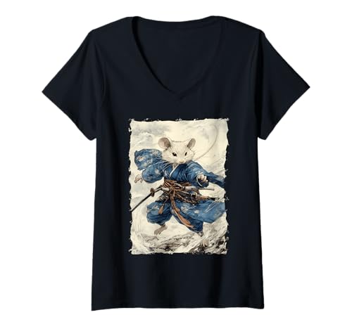 Damen Samurai Maus-Design - Ukiyo-e Krieger T-Shirt mit V-Ausschnitt Damen Samurai Maus-Design - Ukiyo-e Krieger T-Shirt mit V-Ausschnitt von Katana Kimono Ratte – Japan Design