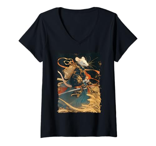 Damen Samurai Maus-Design - Ukiyo-e Krieger T-Shirt mit V-Ausschnitt Damen Samurai Maus-Design - Ukiyo-e Krieger T-Shirt mit V-Ausschnitt von Katana Kimono Ratte – Japan Design