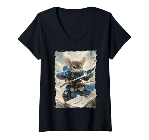 Damen Samurai Maus-Design - Ukiyo-e Krieger T-Shirt mit V-Ausschnitt Damen Samurai Maus-Design - Ukiyo-e Krieger T-Shirt mit V-Ausschnitt von Katana Kimono Ratte – Japan Design