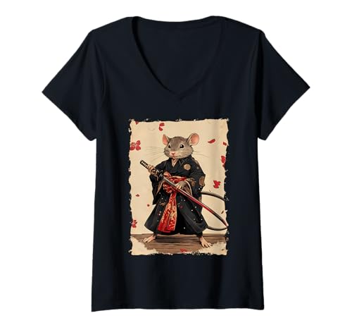 Damen Samurai Maus-Design - Ukiyo-e Krieger T-Shirt mit V-Ausschnitt Damen Samurai Maus-Design - Ukiyo-e Krieger T-Shirt mit V-Ausschnitt von Katana Kimono Ratte – Japan Design