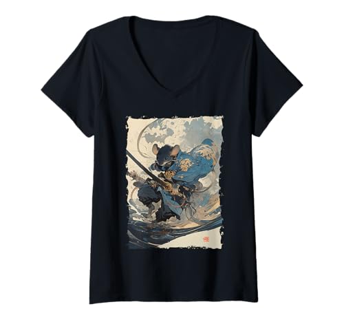 Damen Samurai Maus-Design - Ukiyo-e Krieger T-Shirt mit V-Ausschnitt Damen Samurai Maus-Design - Ukiyo-e Krieger T-Shirt mit V-Ausschnitt von Katana Kimono Ratte – Japan Design