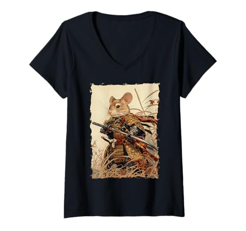 Damen Samurai Maus-Design - Ukiyo-e Krieger T-Shirt mit V-Ausschnitt Damen Samurai Maus-Design - Ukiyo-e Krieger T-Shirt mit V-Ausschnitt von Katana Kimono Ratte – Japan Design
