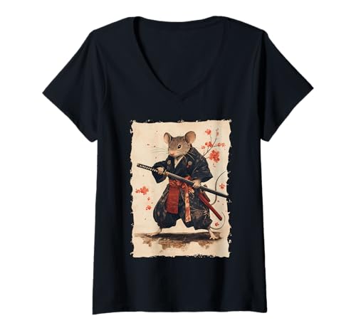 Damen Samurai Maus-Design - Ukiyo-e Krieger T-Shirt mit V-Ausschnitt Damen Samurai Maus-Design - Ukiyo-e Krieger T-Shirt mit V-Ausschnitt von Katana Kimono Ratte – Japan Design