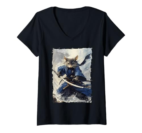 Damen Samurai Maus-Design - Ukiyo-e Krieger T-Shirt mit V-Ausschnitt Damen Samurai Maus-Design - Ukiyo-e Krieger T-Shirt mit V-Ausschnitt von Katana Kimono Ratte – Japan Design