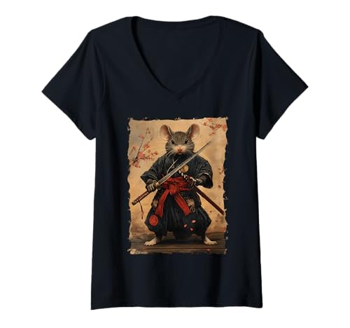 Damen Samurai Maus-Design - Ukiyo-e Krieger T-Shirt mit V-Ausschnitt Damen Samurai Maus-Design - Ukiyo-e Krieger T-Shirt mit V-Ausschnitt von Katana Kimono Ratte – Japan Design