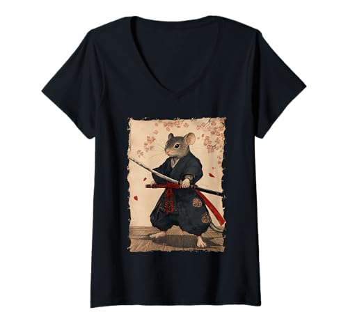 Damen Samurai Maus-Design - Ukiyo-e Krieger T-Shirt mit V-Ausschnitt Damen Samurai Maus-Design - Ukiyo-e Krieger T-Shirt mit V-Ausschnitt von Katana Kimono Ratte – Japan Design