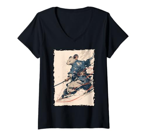 Damen Samurai Maus-Design - Ukiyo-e Krieger T-Shirt mit V-Ausschnitt Damen Samurai Maus-Design - Ukiyo-e Krieger T-Shirt mit V-Ausschnitt von Katana Kimono Ratte – Japan Design