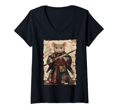 Damen Samurai Maus-Design - Ukiyo-e Krieger T-Shirt mit V-Ausschnitt Damen Samurai Maus-Design - Ukiyo-e Krieger T-Shirt mit V-Ausschnitt von Katana Kimono Ratte – Japan Design