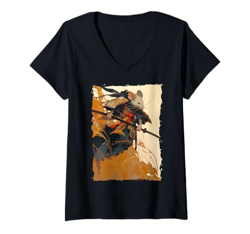 Damen Samurai Maus-Design - Ukiyo-e Krieger T-Shirt mit V-Ausschnitt Damen Samurai Maus-Design - Ukiyo-e Krieger T-Shirt mit V-Ausschnitt von Katana Kimono Ratte – Japan Design