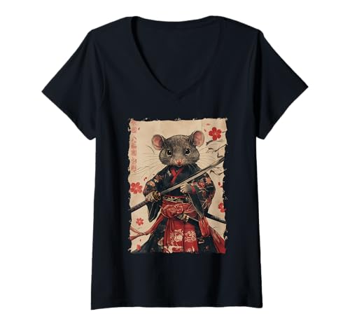 Damen Samurai Maus-Design - Ukiyo-e Krieger T-Shirt mit V-Ausschnitt Damen Samurai Maus-Design - Ukiyo-e Krieger T-Shirt mit V-Ausschnitt von Katana Kimono Ratte – Kanji Japan Design