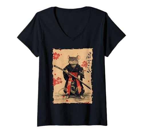 Damen Samurai Maus-Design - Ukiyo-e Krieger T-Shirt mit V-Ausschnitt Damen Samurai Maus-Design - Ukiyo-e Krieger T-Shirt mit V-Ausschnitt von Katana Kimono Ratte – Kanji Japan Design