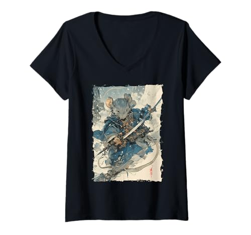 Damen Samurai Maus-Design - Ukiyo-e Krieger T-Shirt mit V-Ausschnitt Damen Samurai Maus-Design - Ukiyo-e Krieger T-Shirt mit V-Ausschnitt von Katana Kimono Ratte – Kanji Japan Design