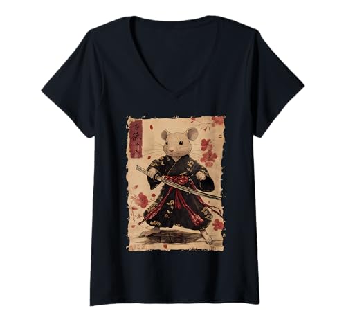Damen Samurai Maus-Design - Ukiyo-e Krieger T-Shirt mit V-Ausschnitt Damen Samurai Maus-Design - Ukiyo-e Krieger T-Shirt mit V-Ausschnitt von Katana Kimono Ratte – Kanji Japan Design