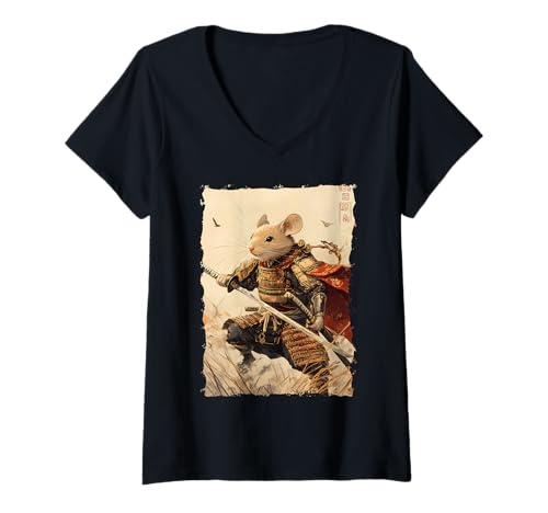 Damen Samurai Maus-Design - Ukiyo-e Krieger T-Shirt mit V-Ausschnitt Damen Samurai Maus-Design - Ukiyo-e Krieger T-Shirt mit V-Ausschnitt von Katana Kimono Ratte – Kanji Japan Design