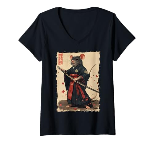 Damen Samurai Maus-Design - Ukiyo-e Krieger T-Shirt mit V-Ausschnitt Damen Samurai Maus-Design - Ukiyo-e Krieger T-Shirt mit V-Ausschnitt von Katana Kimono Ratte – Kanji Japan Design