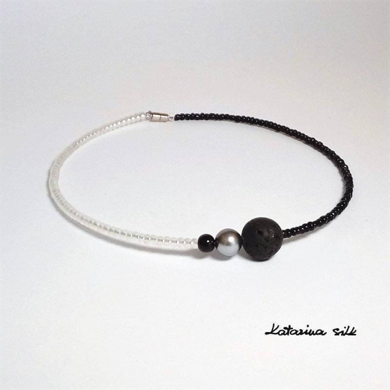 Glas Halskette Schwarz Und Silber Farbe Vulcano Steine Für Geschenk Frau Alltäglichen Sie von KatarinaSilkJewelry