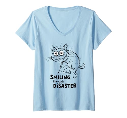 Damen Lustige Scribble Cat durch eine Katastrophe lächeln T-Shirt mit V-Ausschnitt von Katastrophenkatze Kritzelbekleidung