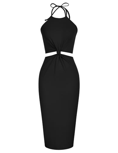 Damen Abendkleid Neckholder Kleid Taillenausschnitt Design Vordere Taille Knoten Design M Schwarz von Kate Kasin