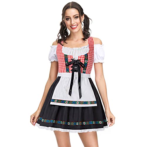 Damen Dirndl Kleid Damen Kurzarm Schulterfreies Trachtenmoden Kleid Hohe Taille Oktoberfest Kostüme für Bayerischen Karneval Knielang Dirndlkleid für Bierfest Festliche Kleid KKH02092-1_0XL von Kate Kasin