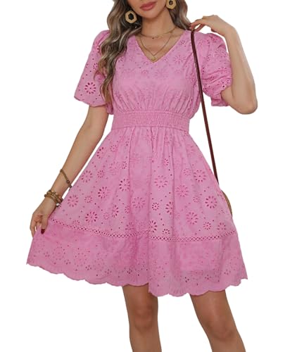 Damen Elegantes A-Linien Sommer Kleid kurzen Puffärmeln V-Ausschnitt Rosa S Damen Elegantes A-Linien Sommer Kleid kurzen Puffärmeln V-Ausschnitt Rosa S von Kate Kasin
